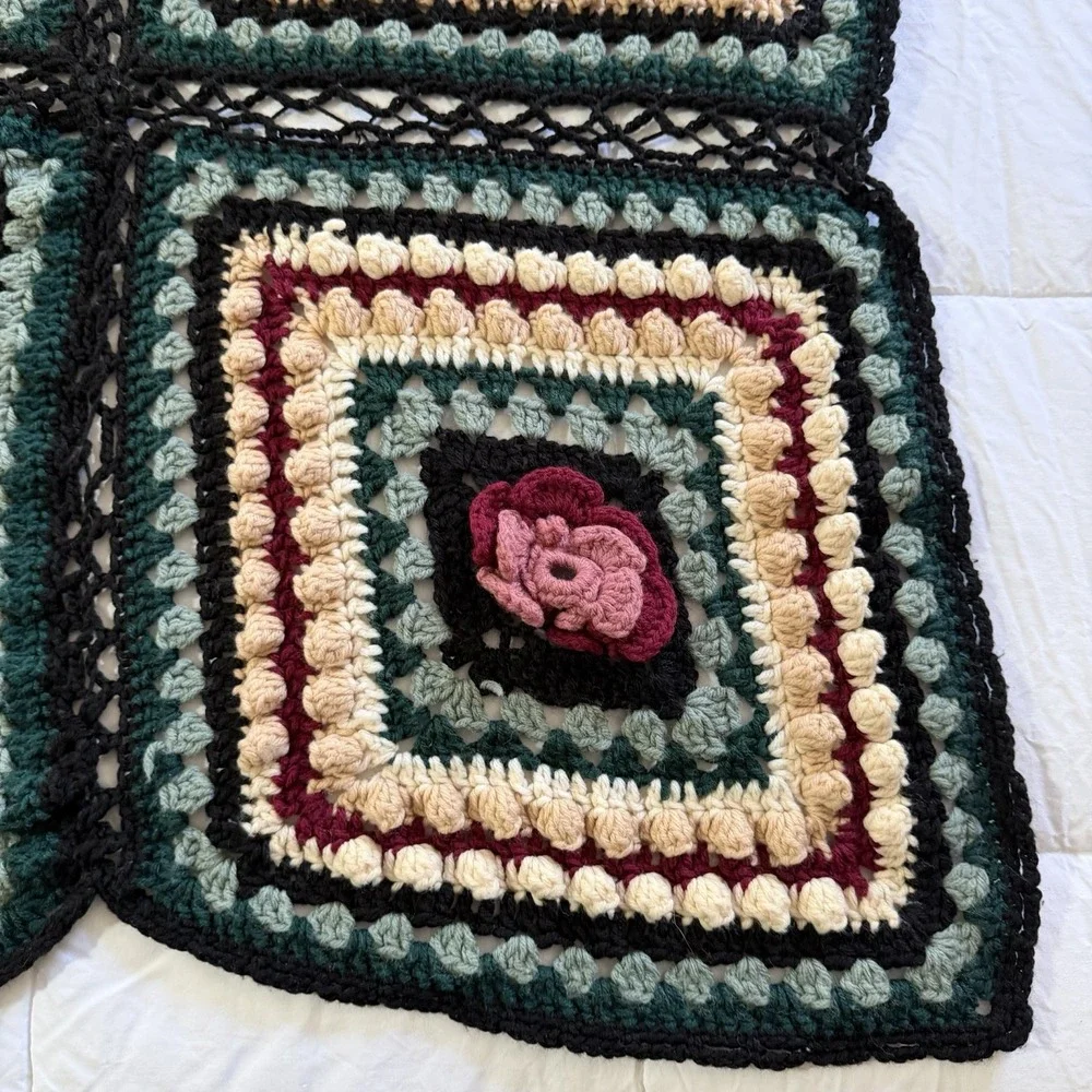 Hand Crocheted Granny Square Afghan Throw Blanket Floral 70